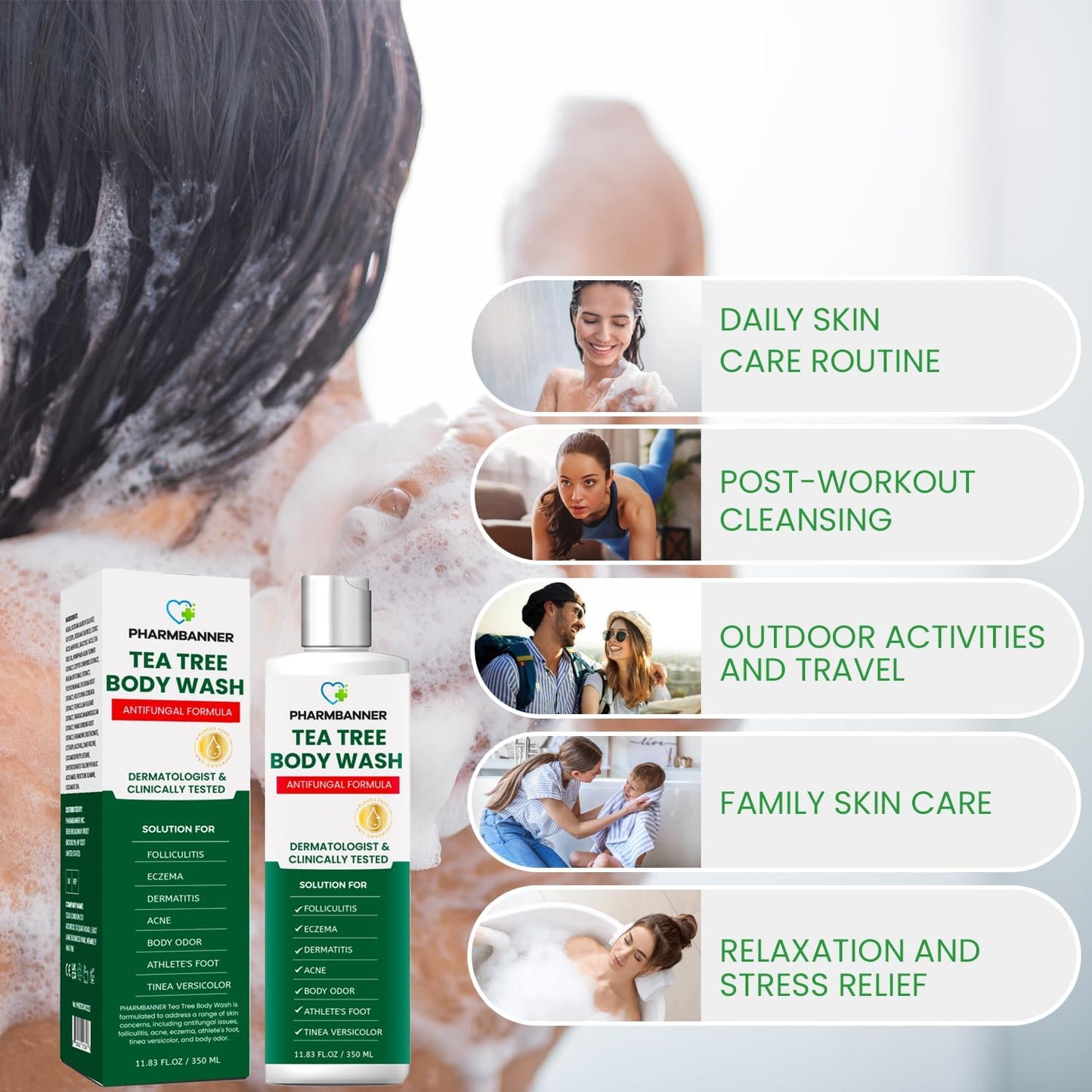 PHARMBANNER Tea Tree Antifungal Body Wash – Soothes Folliculitis, Acne, Jock Itch, Athlete’s Foot, Ringworm, Tinea Versicolor, Body Odor, Eczema & Dermatitis-Prone Skin