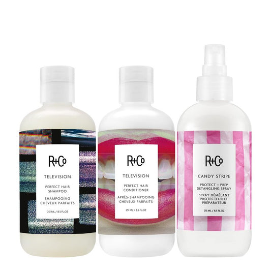 R+Co TELEVISION Shampoo, Conditioner & Candy Stripe Detangler Bundle – Frizz Control, Moisture & Shine for All Hair Types – Vegan & Cruelty-Free Hair Care Set