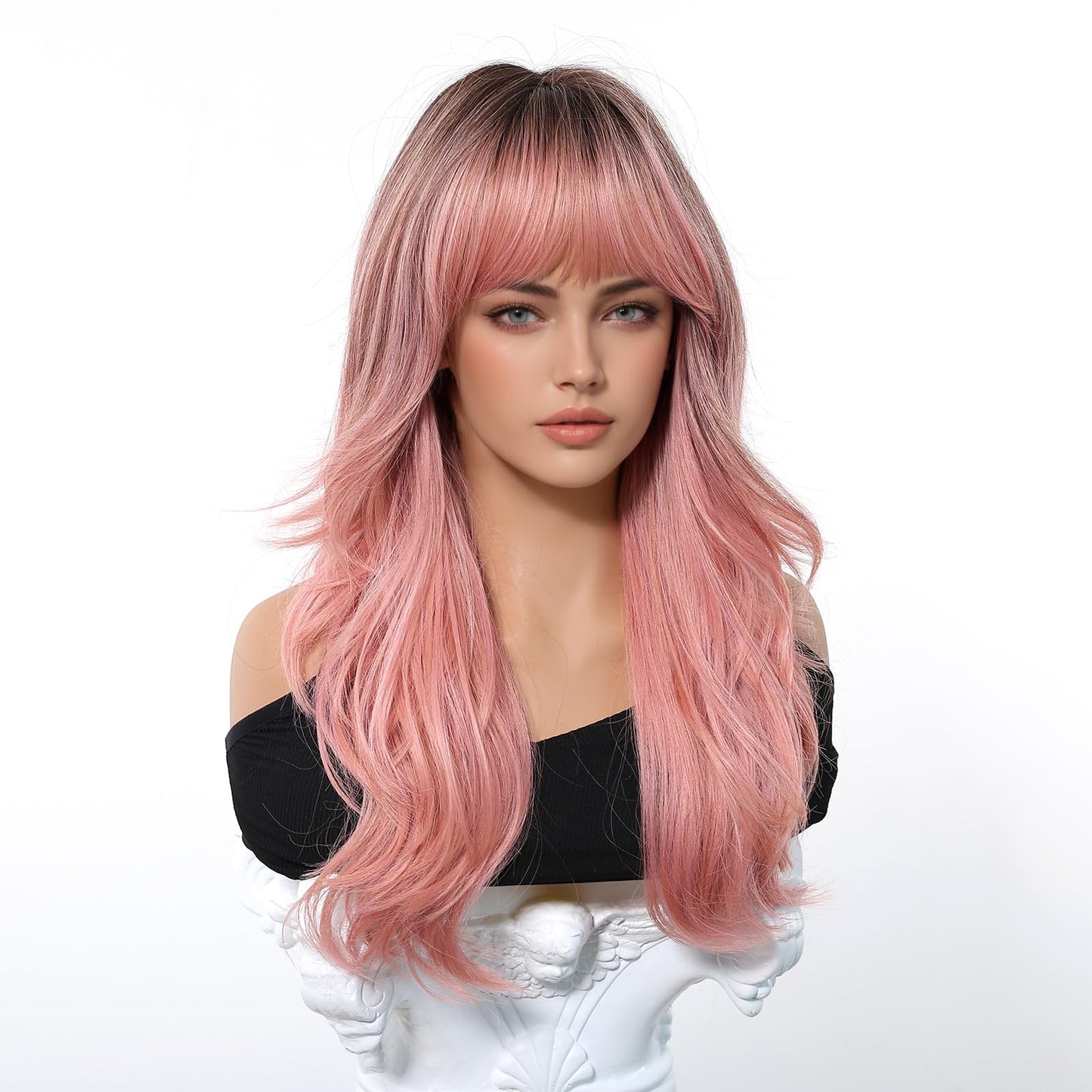 Osicapea Ombre Pink Wigs with Bangs for Women, Natural Wavy Curly Hair Woman Heat Resistant Synthetic Wig 22 Inch Long Wig for Women's Cosplay Costume Party Daily Use