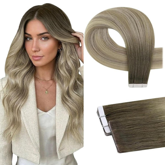 Full Shine Invisible Tape in Hair Extensions, 4/7/80 Balayage Chocolate Brown and Smoky Mushroom Brown, 14 Inch 20G 10 Pcs, Injected Tape ins with Intact Cuticles, Virgin Human Hair, Seamless Blend
