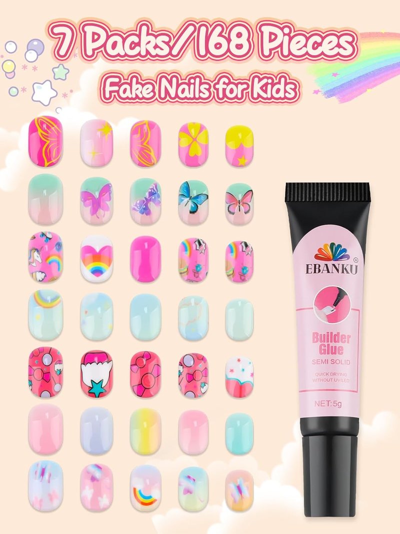 Press On Nails for Girls - 168-Piece Rainbow Butterfly Set | Short Full Cover Fake Nails with Glue for Kids Ages 6-12
