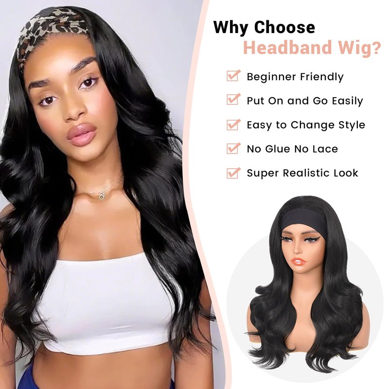 Looxey Body Wave Synthetic Headband Wigs for Black Women, Yaki 4C Half Wig Wear and Go Glueless Wig 180% Density Wavy Layered Wig Beginner Friendly for Daily Wear (Black, 20 Inch)