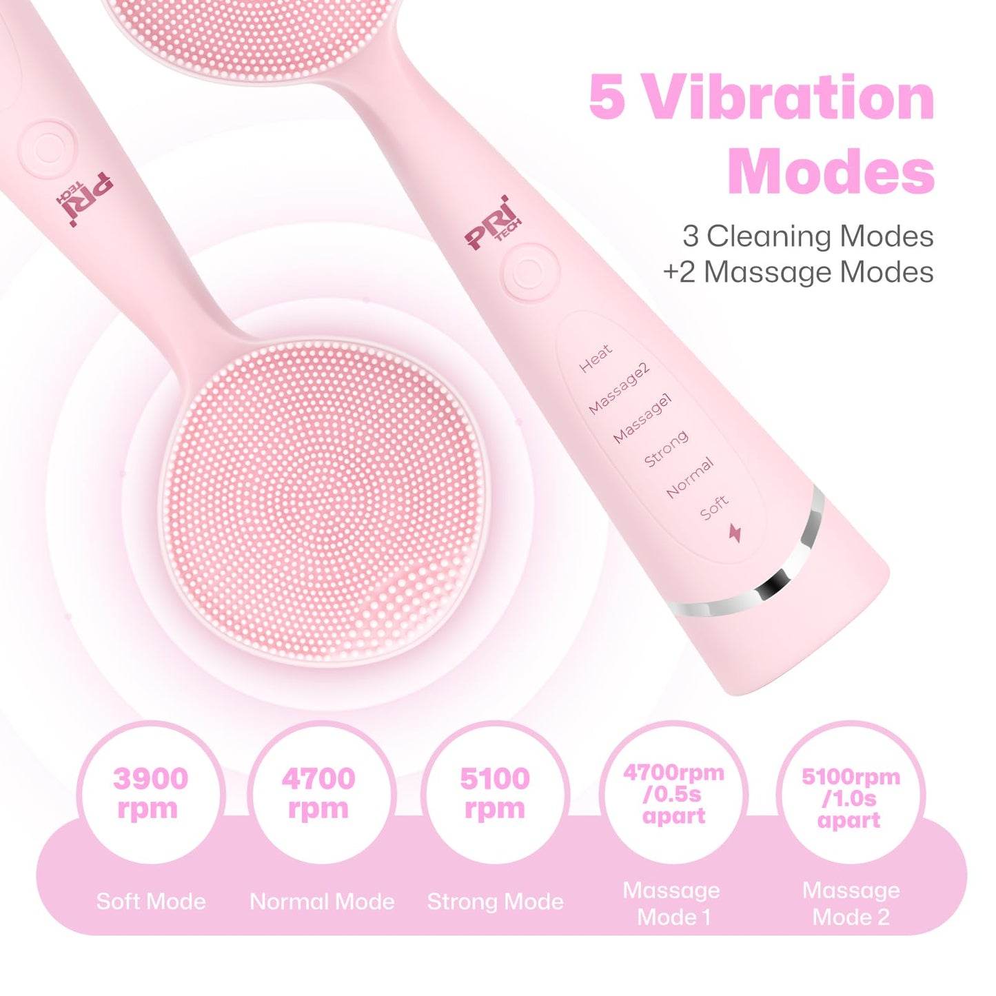 PRITECH Facial Cleansing Brush with Vibrating, Rechargeable Silicone Face Scrubber for Deep Pore Cleaning, Exfoliator & Waterproof Face Brush with Heat End for for Women and Men (Pink)