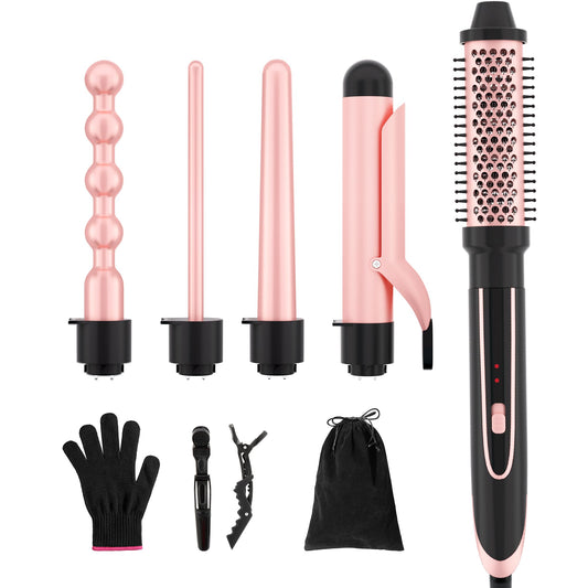 HEIKKI VISION 5 in 1 Curling Iron Set with Instant Heat Up, Dual Voltage, 4 Interchangeable Ceramic Curling Wands, Curling Brush, Heat Protective Glove & 2 Clips (Curling Iron 0.3-1.5")