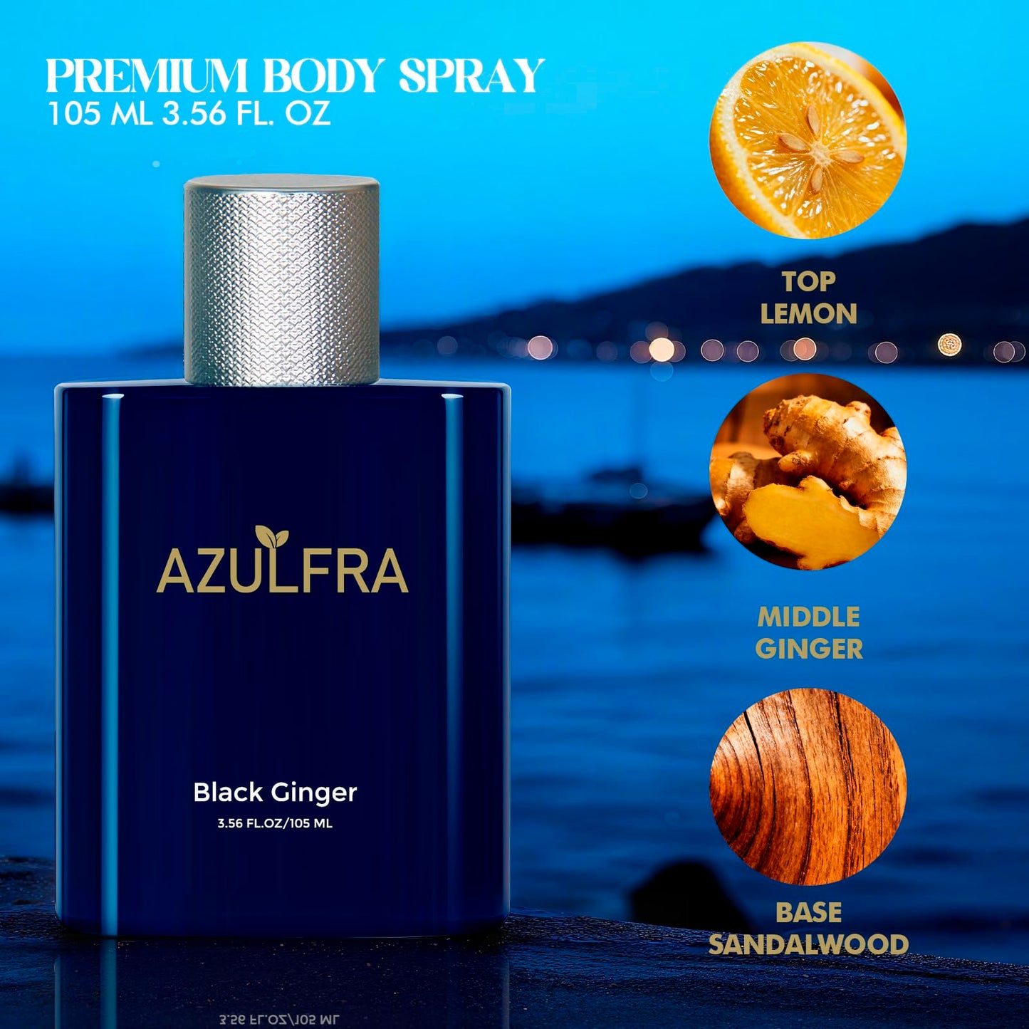 Azulfra Body Spray for Men, Mens Body Refreshing Spray, Notes of Lemon Ginger and Sandalwood, 3.56 Fl.Oz
