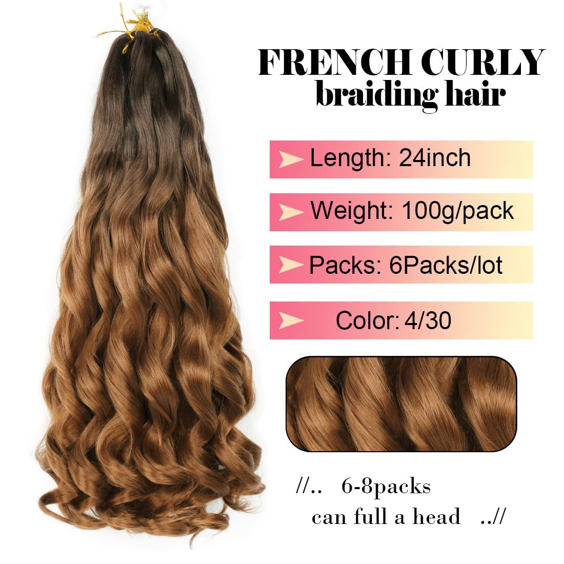 French Curl Braiding Hair 24 inch 6 Packs Loose Wave Bouncy Braiding Hair Pre Stretched 100/pack Yaki Curly Crochet Hair for Black Women Hair Extensions(24 inch(pack of 6),4/30)