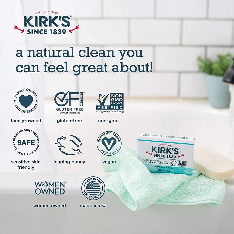 Castile Bar Soap by Kirkâ€™s | Clean Soap for Men, Women & Children | Premium Coconut Oil | Sensitive Skin Formula, Vegan | Fragrance-Free/Unscented | 4 oz. Bars - 12 Pack