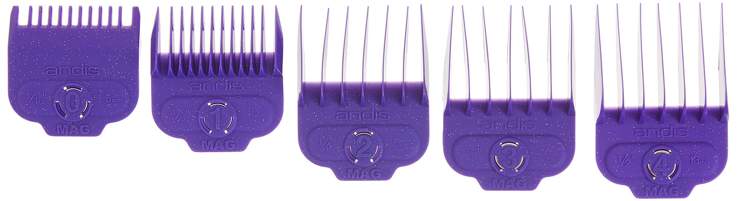 Andis 66345 Nano-Silver Magnetic Attachment 5 Combs with Long-Lasting Performance - Sizes 6", 8", 4", 3/8", 2", Provide Professional Haircuts and Styles – Purple
