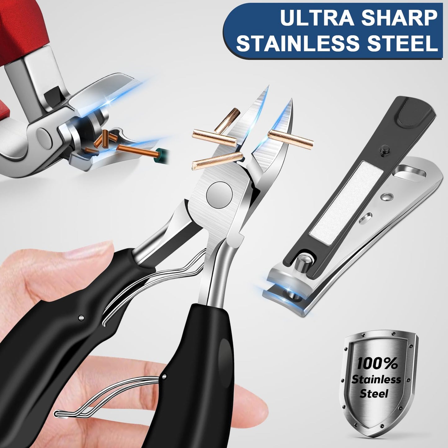 DUAIU 7Pcs Toenail Clippers for Thick Nails, Angled Head Large Nail Clippers for Senior, Heavy Duty Ingrown Toenail Clipper Sets with Wide Jaw, Sharp Nail Clipper Kits for Men and Women, Long Handle