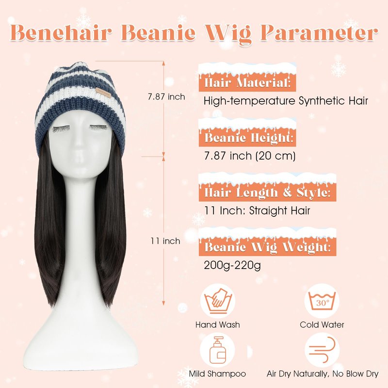 Benehair Beanie Wig Hair Extensions, Knitted Hats with Synthetic Bob Wig Hairpieces for Women Winter, 11 Inch Short Straight Dark Brown Hair with Blue & White Stripe Beanie