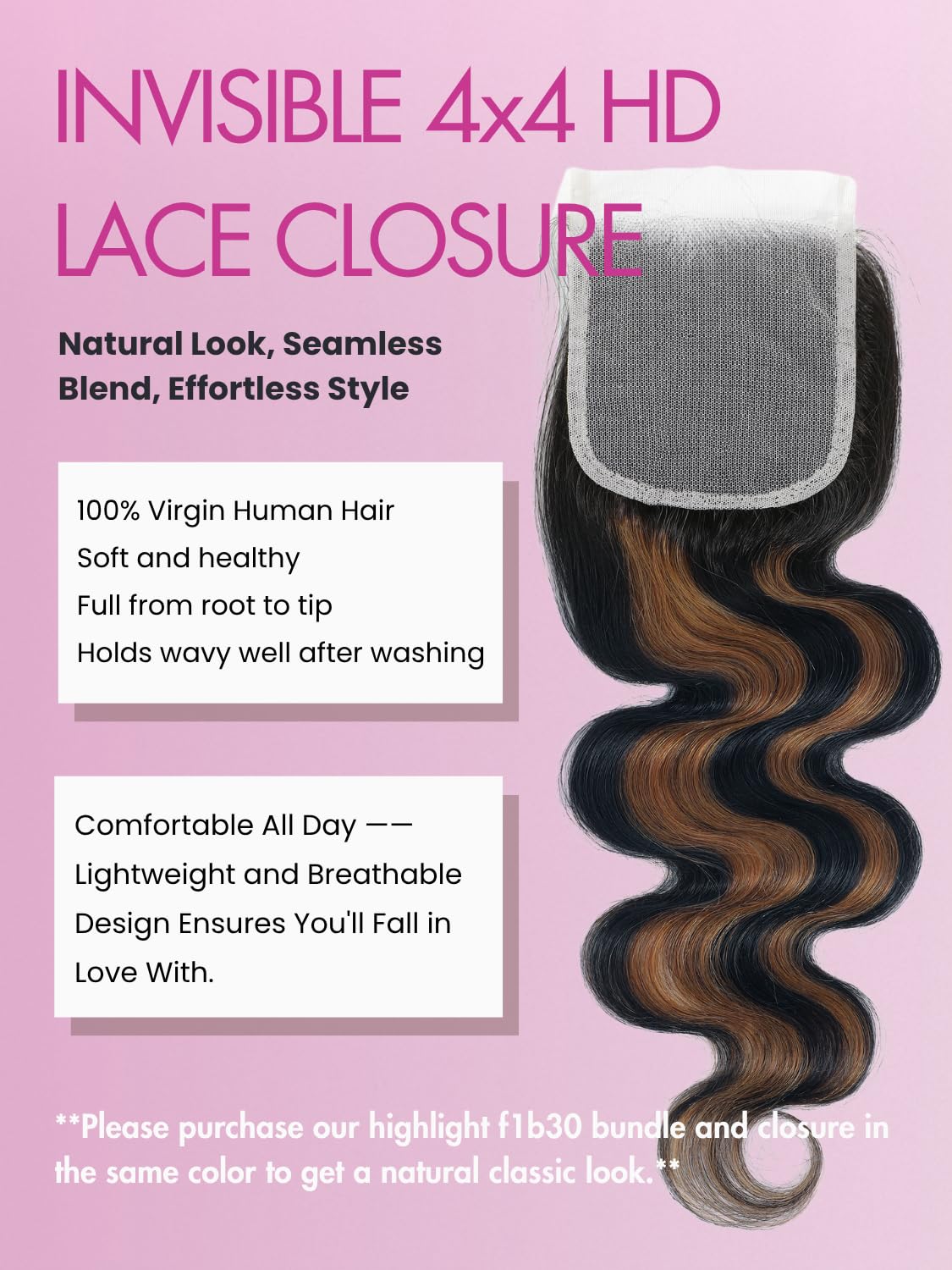 Honey Blonde Highlight 4x4 Closure Body Wave Human Hair - Balayage F1B/30 Remy Lace Closure | 10 Inch Pre-Plucked Natural Hairline