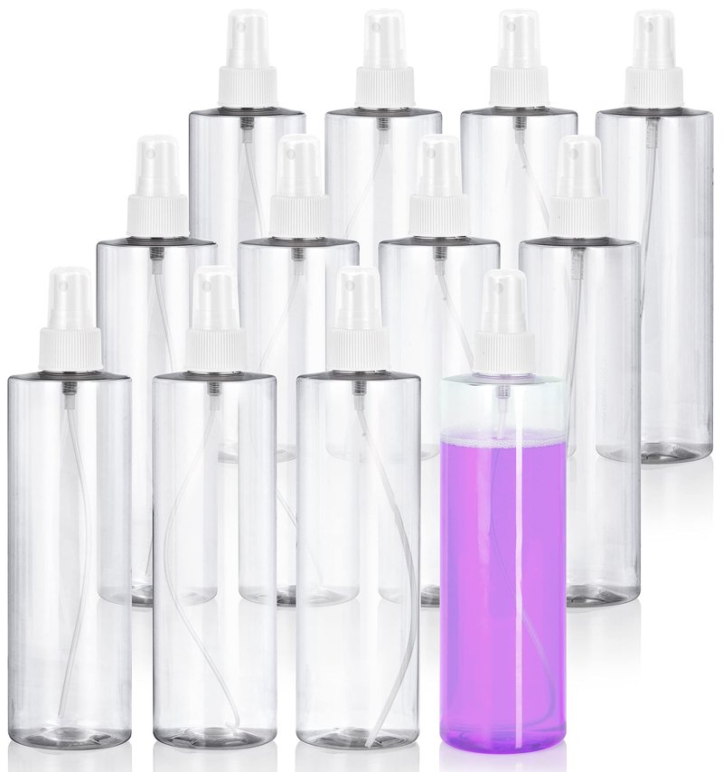 JUVITUS 12 oz Clear Professional Cylinder Plastic Bottles with White Fine Mist Sprayer (12 Pack)