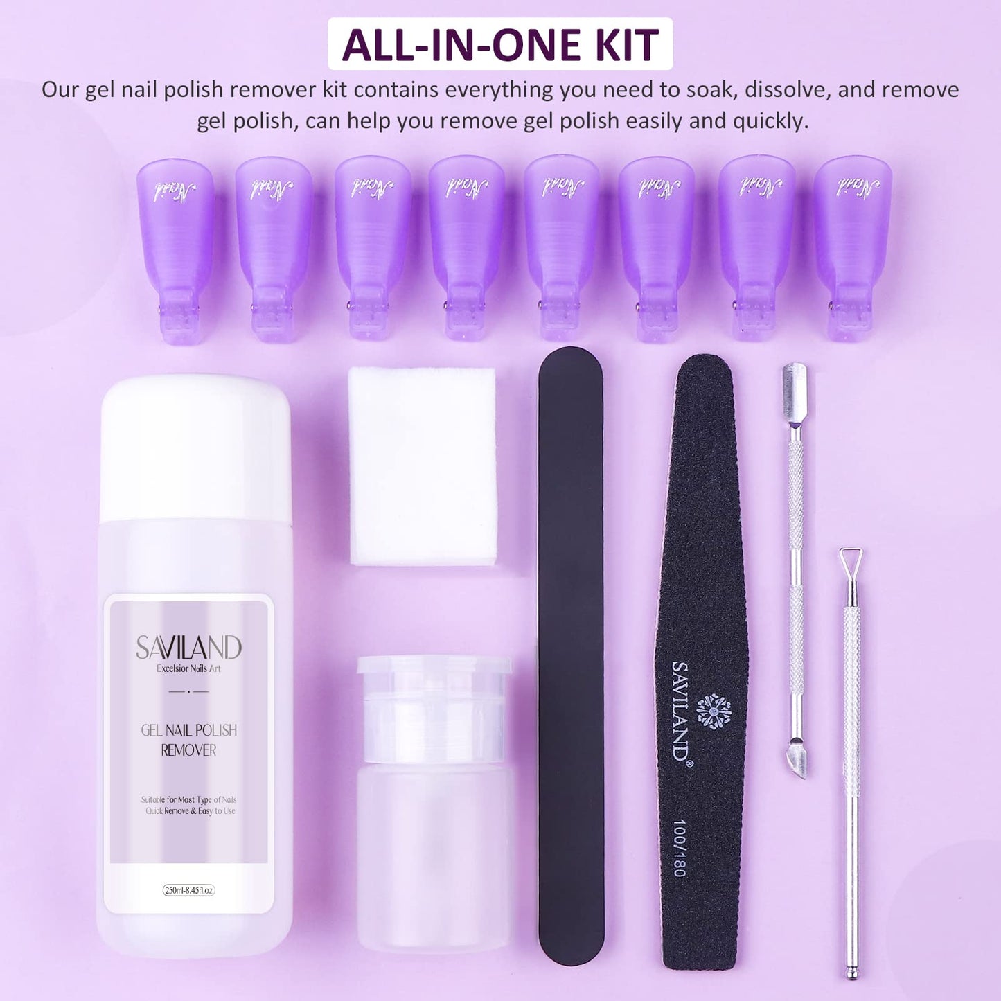 SAVILAND Gel Nail Polish Remover Kit: 250ml Nail Polish Remover with Nail Clips, Nail Tools, 500 Pcs Cotton Pad, Cuticle Pusher & Nail scraper for Gel Nails Dip Acrylic Removal Manicure Salon Home DIY