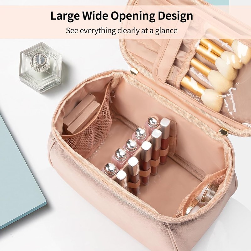 Large Makeup Bag Organizer for Women - Travel Cosmetic Bag with Divider & Handle | Rose Gold