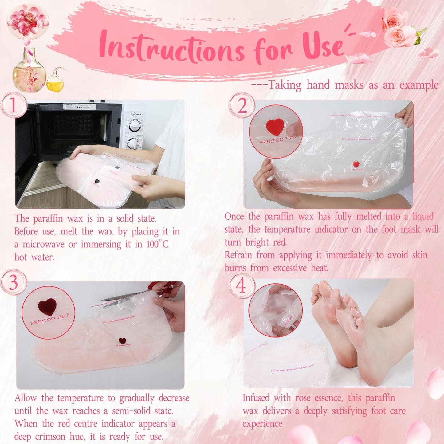 4 Pairs Paraffin Wax Gloves & Socks Set，Spa and Home Paraffin Wax for Hand and feet，Rose