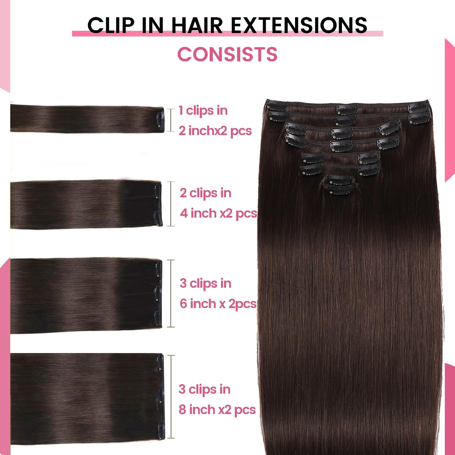 CWRDK Clip in Hair Extensions Real Human Hair,100% Brazilian Remy Human Hair Clip ins for Women, Straight Seamless Double Weft Hair Extensions, Invisible 8pcs, 14 Inch 80g, #2 Dark Brown