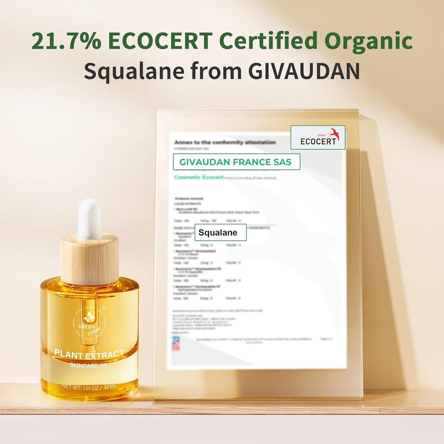 Organic Squalane Face Oil with Vitamin C - Non-Greasy, Plant-Based Formula for Dry, Sensitive Skin | 1 fl oz