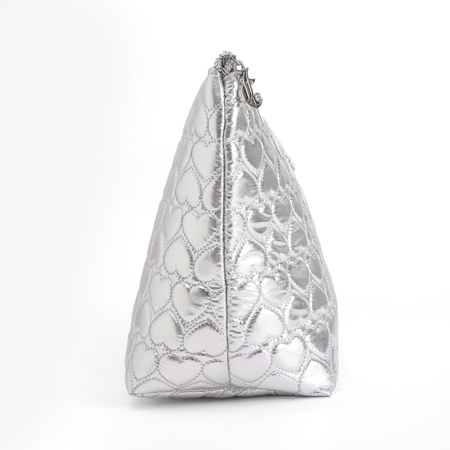 Juicy Couture Silver Makeup Bag Cosmetics Organizer Travel Essentials Top Zip Pouch Shiny Quilted Heart