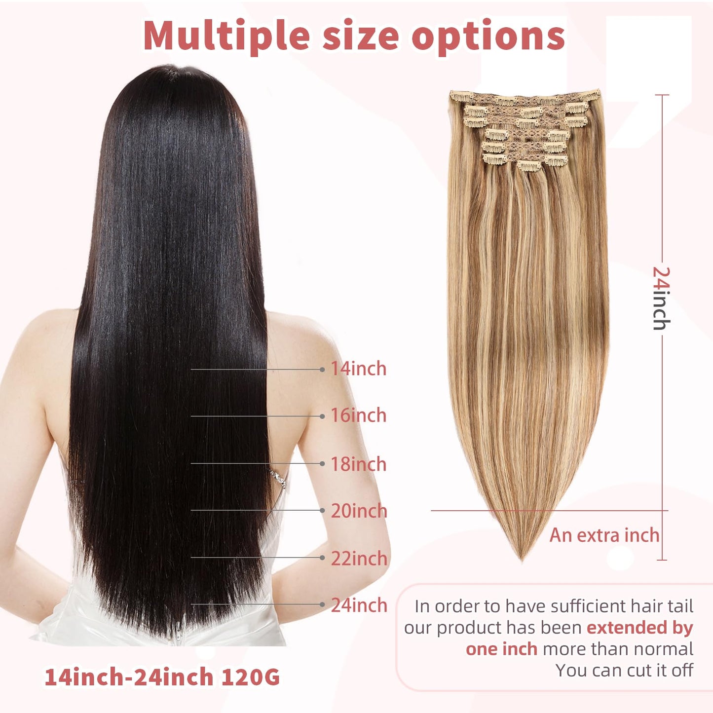 DIYOMO human hair clip in extensions Soft&Natural 120g 7pcs hair extensions real human hair clip insHair Straight&Invisible (14Inch, 18/613)