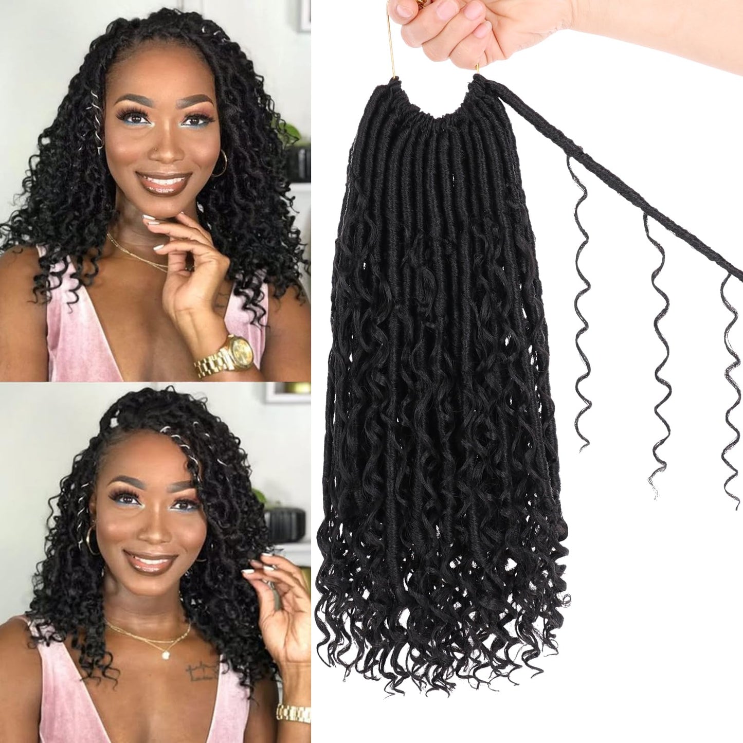 Unionbeauty Pre Looped Goddess Locs Crochet Hair 30 Inch 9 Packs Boho Goddess Faux Locs with Curly Ends Black River Locs Crochet Hair Synthetic Crochet Locs Hair Extensions For Women 1B#