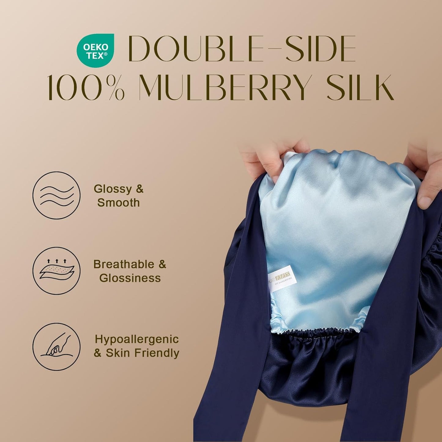 ZIMASILK 100% Mulberry Silk Bonnet - Double Layer Hair Wrap for Long Hair | Navy Blue
