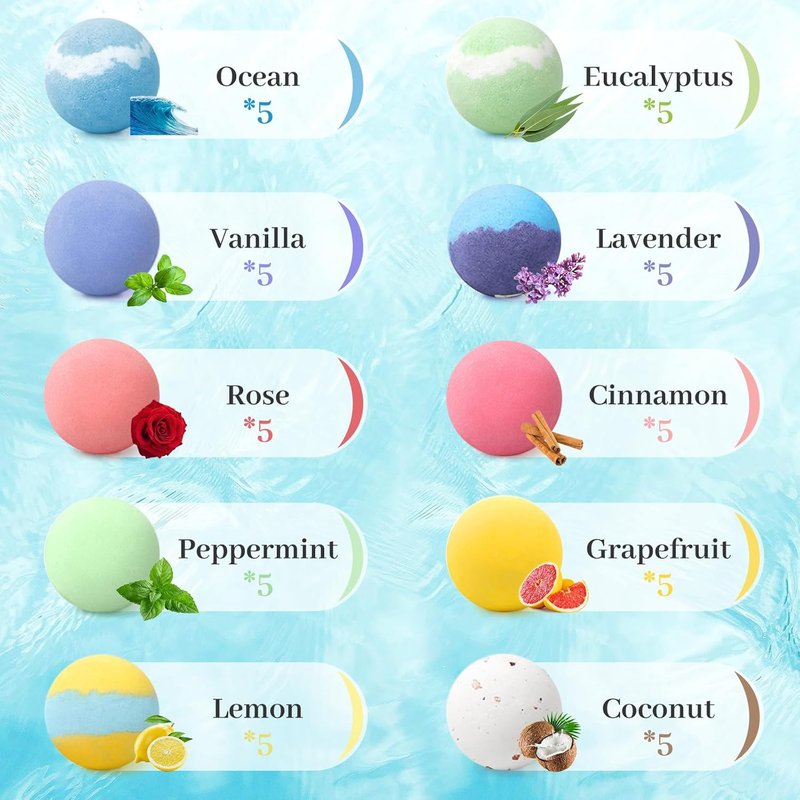 TranquilBliss Bath Bombs Set - 50 PCS Natural Bubble Bombs with Shea Butter | 10 Rich Scents for Women