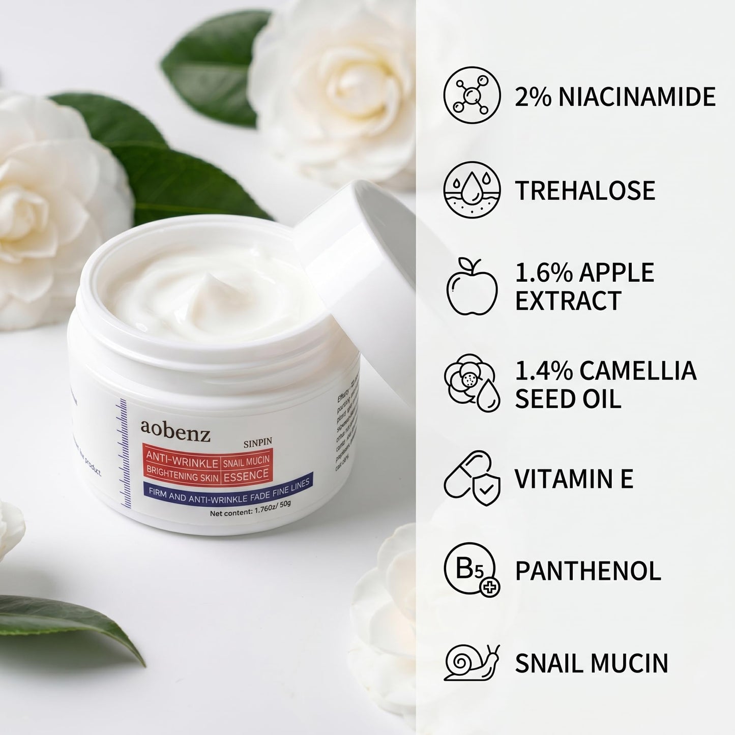 aobenz Anti Wrinkle Face Cream for Women, Firming Anti Aging Moisturizer with Niacinamide, Panthenol & Vitamin E, Hydrating Barrier Repair Night Cream for Dry Mature Skin, Radiant Look - 1.76 Fl Oz