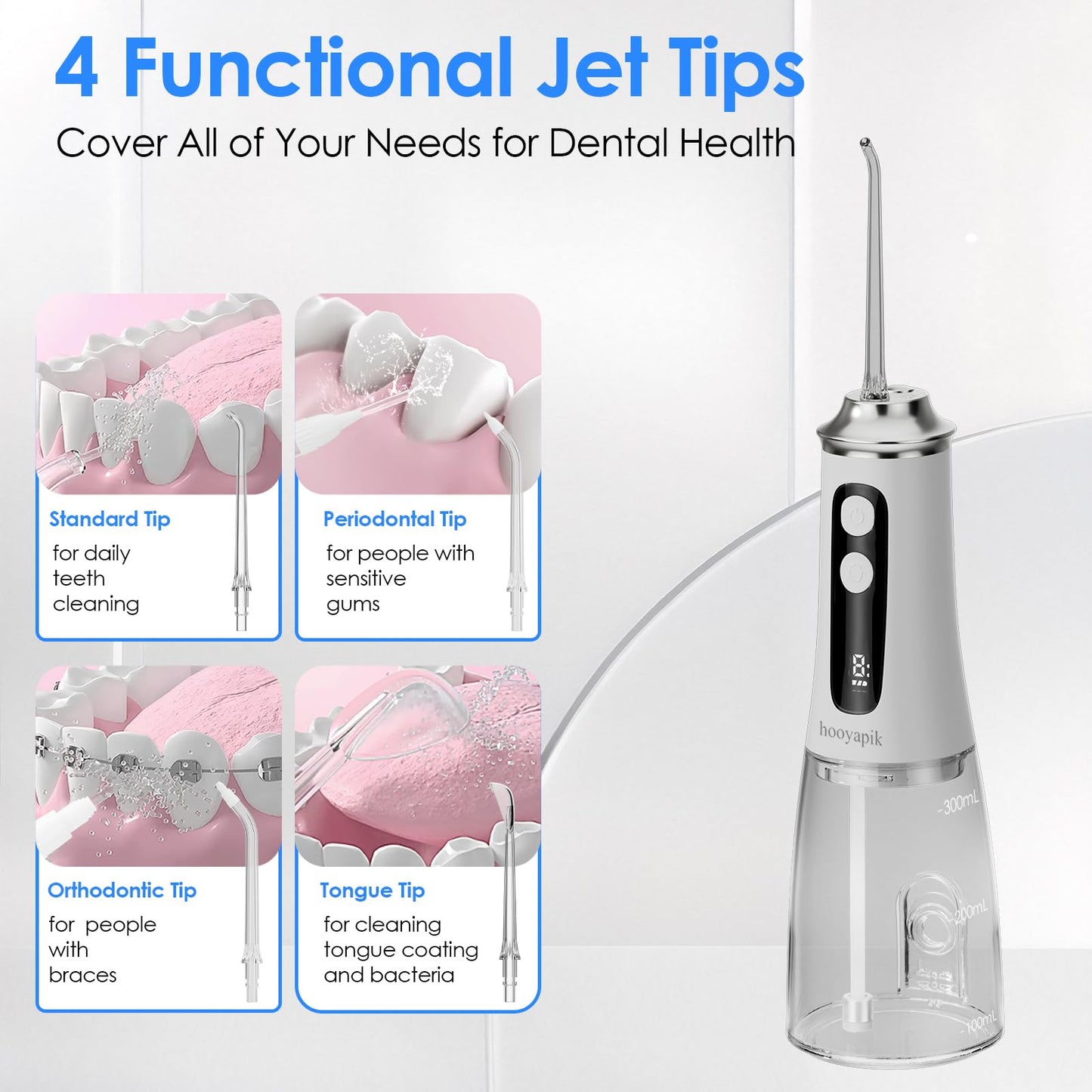 Hooyapik 300ml Water Flosser, 9+9 Modes, 4 Jet Tips, White (D0051)