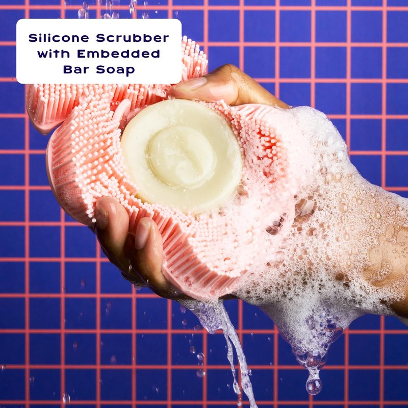 Smoosh® Body Scrubber, Blue & 2-Count Bar Soap, Cedarwood Bergamot - Silicone Body Scrubber with Embedded Bar Soap for Shower Exfoliation and Cleansing