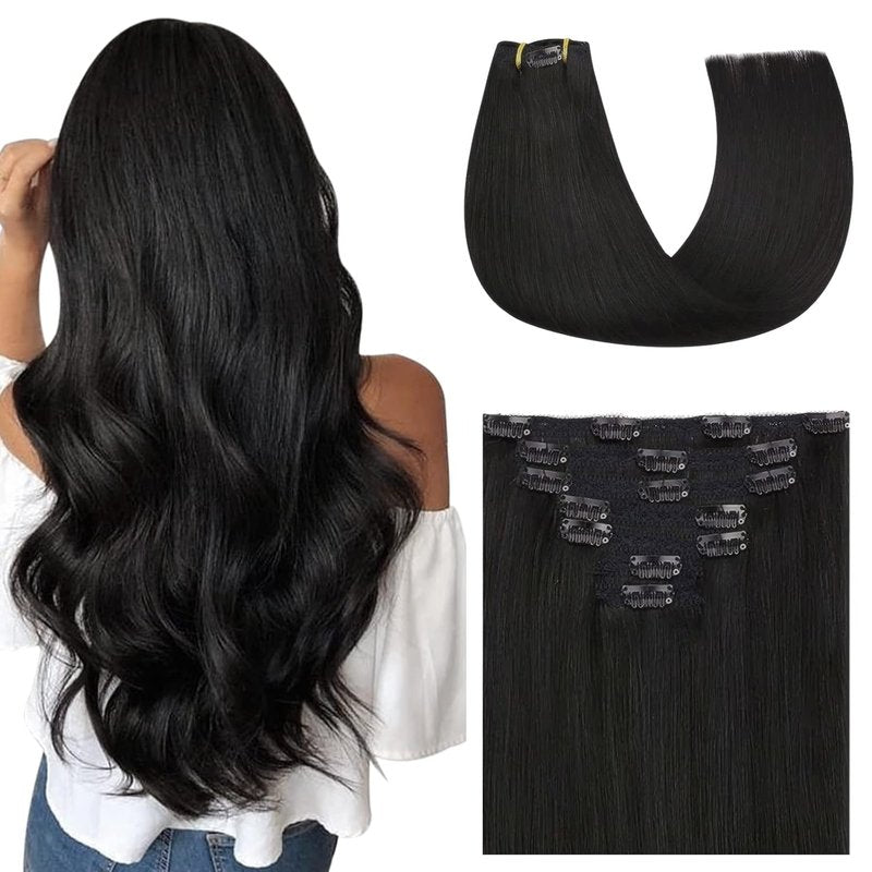 Natural Straight Clip-In Hair Extensions - 16 Inch, 120g Real Human Hair, Black - 7 Pieces