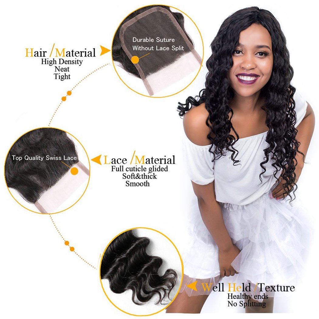 QTHAIR 18A Loose Deep Wave Lace Closure - 4x4 Brazilian Human Hair, Pre-Plucked, 14" with Baby Hair