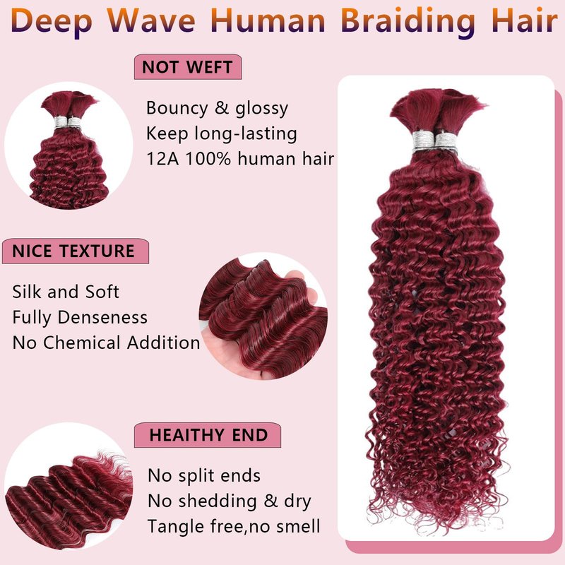 Habiliana Curly Burgundy Human Braiding Hair 2 Bundles Total 100g 16 Inch 99J Burgundy Bulk Bundles Braiding Brazilian Virgin Curly Human Hair Extensions for Boho Braids