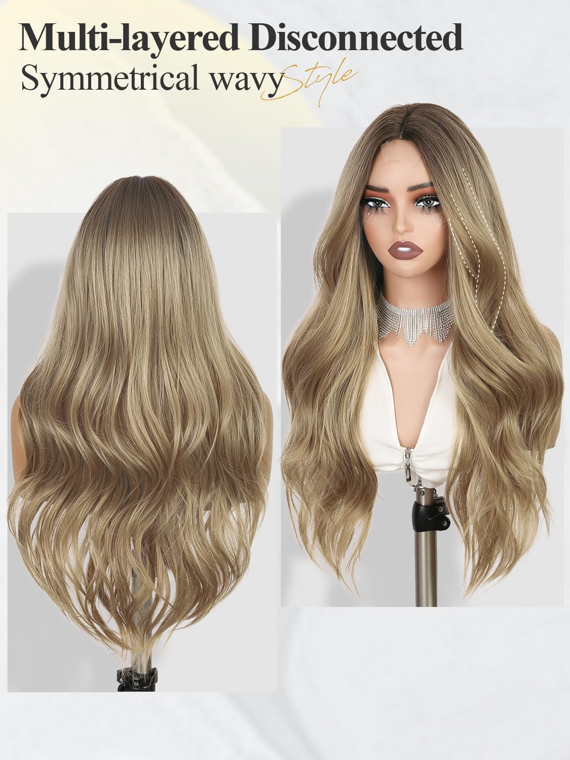 quickwig Ombre Blonde Wig Realistic HD Lace Scalp Long Curly Wavy Wigs for Women Blonde Synthetic Layered Wave Wig Long Wavy Middle Part Curly Wigs Heat Resistant Fiber for Daily Cosplay Halloween