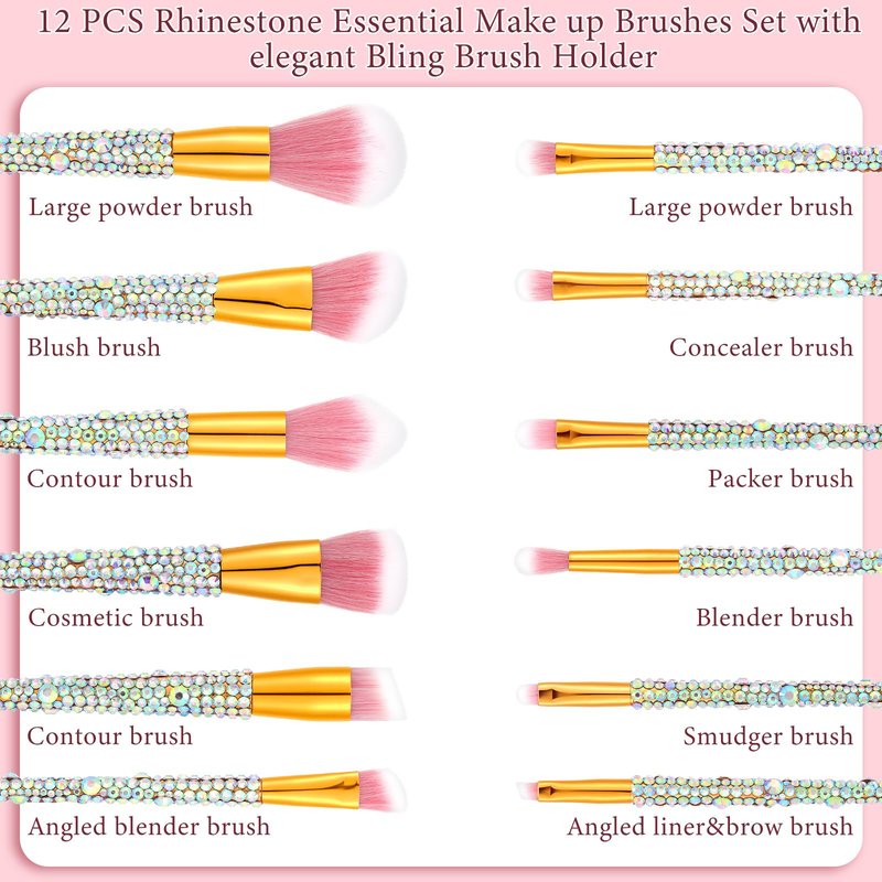 Rtteri 13 Pcs Rhinestone Silver Makeup Brushes Set Yellow Bling Crystal Professional Face Cosmetics Blending Liquid Foundation Powder Concealer Eye Shadows Make up Beauty Tool Glitter with Holder