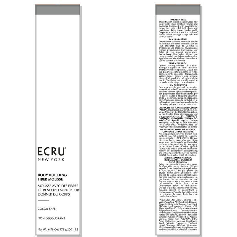 ECRU New York Body Building Fiber Mousse, Hair Mousse for Volume, Volumizer for Fine Hair, 6.76oz