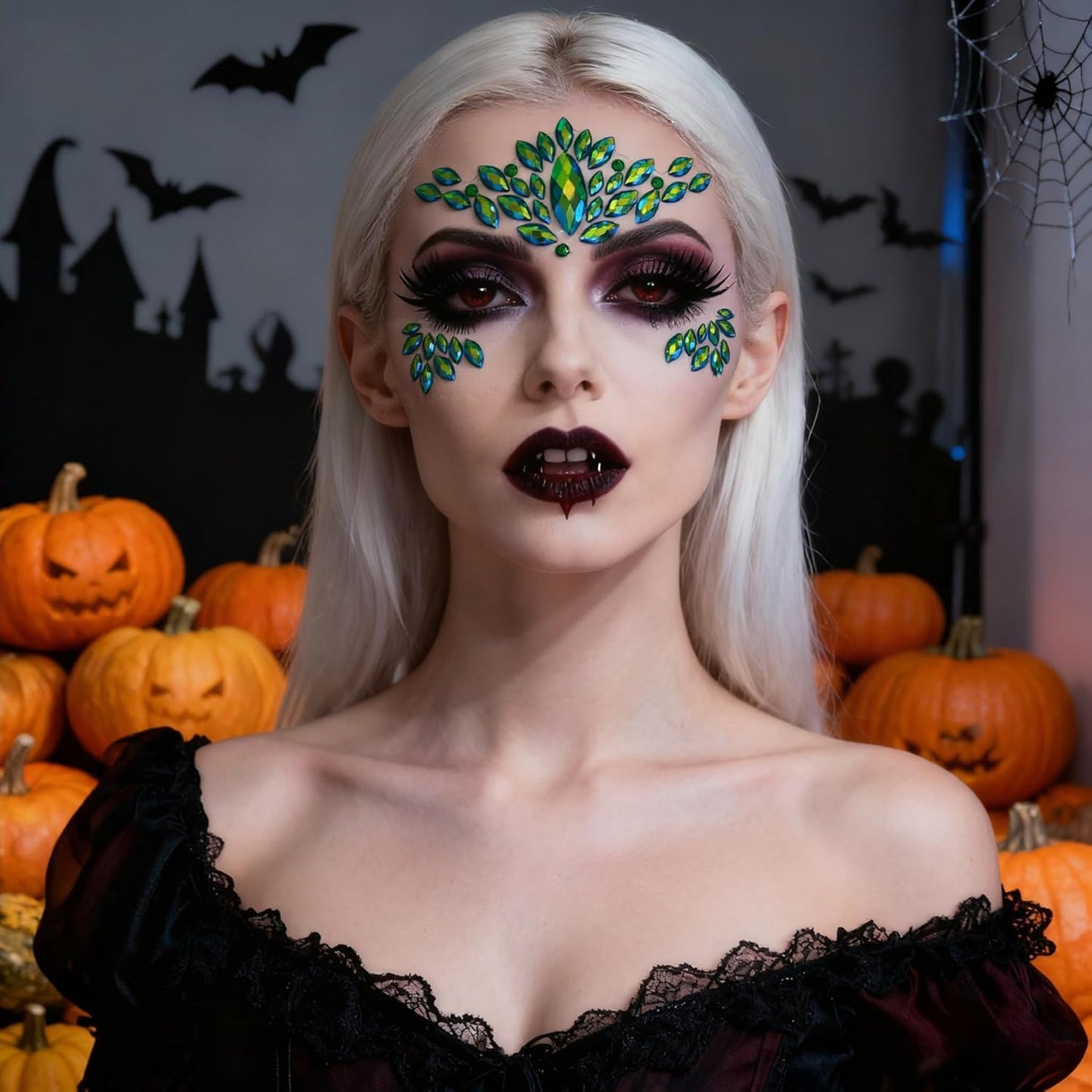 Face Jewels - Green Rhinestone Stickers for Halloween Makeup | Self-Adhesive Festival Glitter Gems