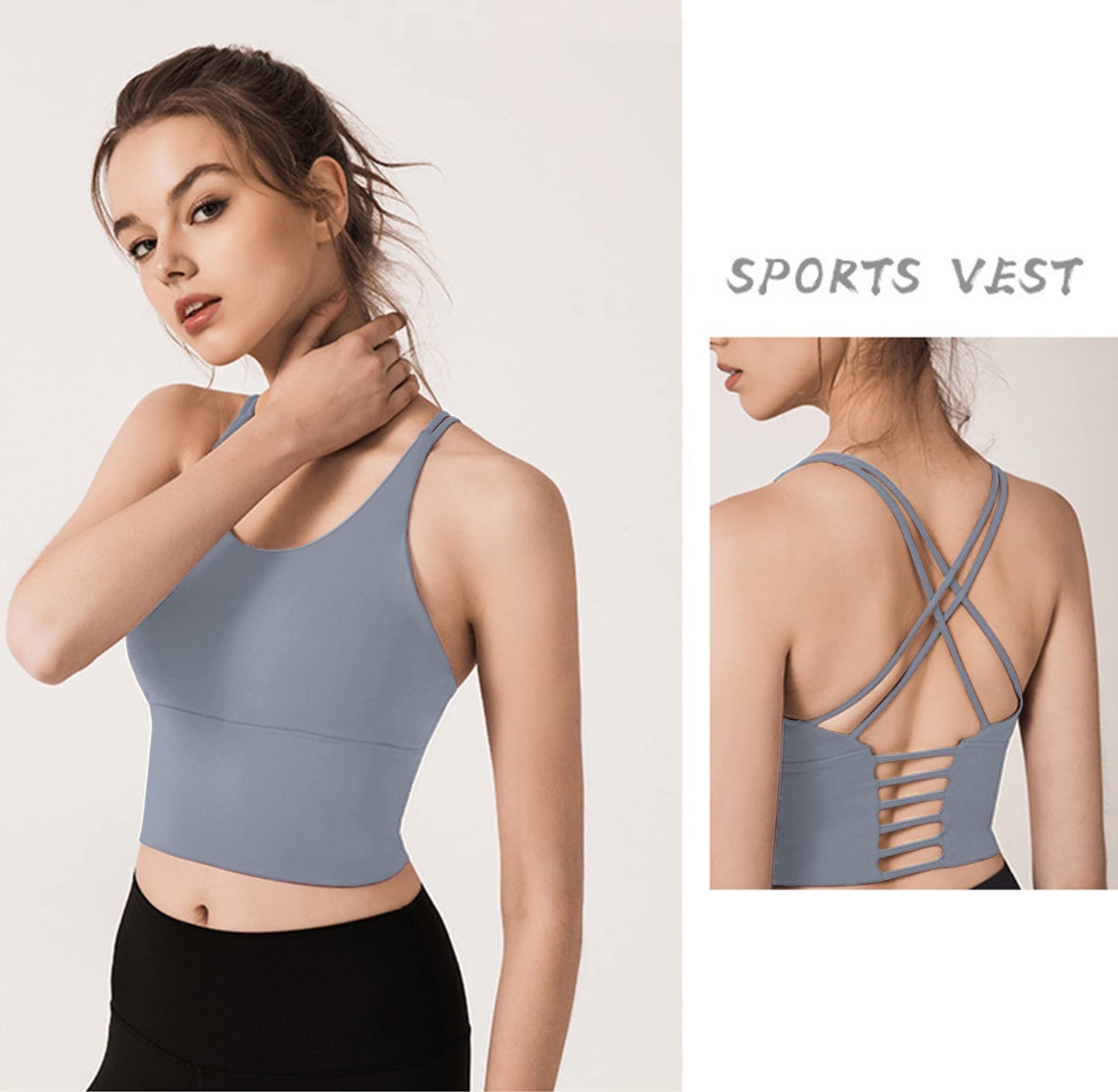 Redqenting Longline Sports Bra for Women with Removable Padded,Sexy Criss Cross Back Strappy Yoga Bras Workout Tank Tops Aegean Blue
