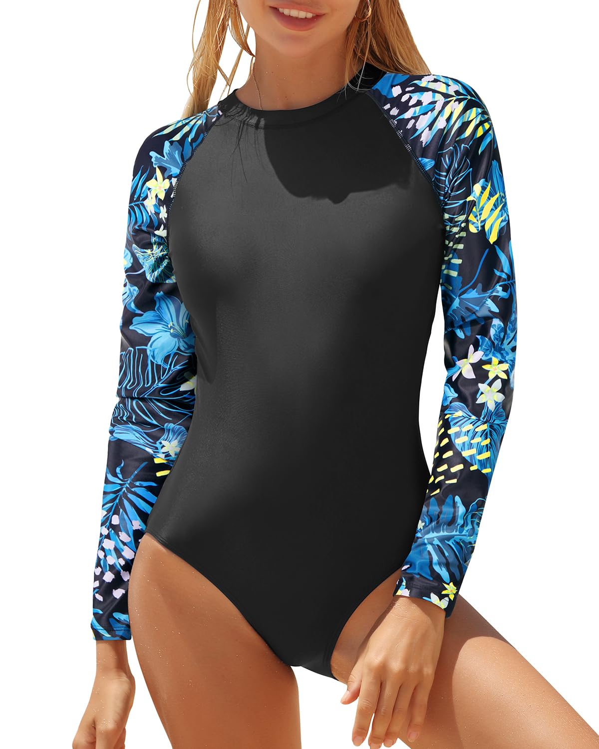 Yonique Womens Rash Guard Long Sleeve Swimsuit One Piece Bathing Suit Zipper Surfing Swimwear UPF 50 Black and Blue Print XL