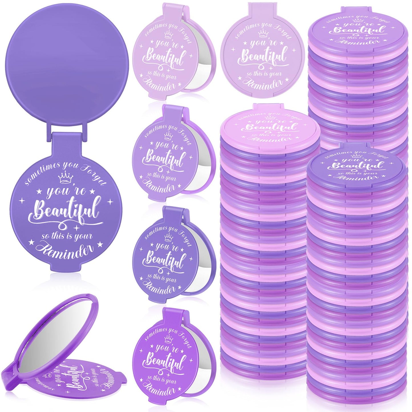 Gulfmew 100 Pcs 2.76 Inch Inspirational Compact Mirror Bulk Women Small Gifts Graduation Mothers Day Party Favors Purse Mirror Pocket Mini Items for Adult Coworker Cheerleader Swag Bag (Purple Series)