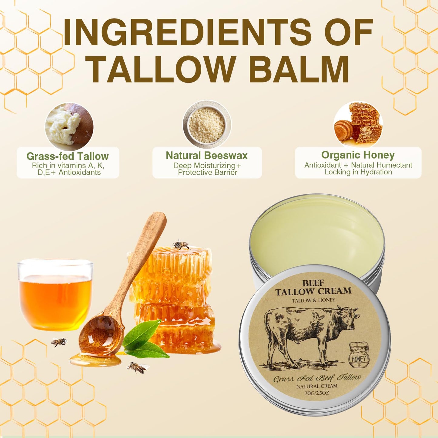 MROUVIK Beef Tallow for Skin, Tallow and Honey Cream,Tallow Face Moisturizer, Natural Grass-Fed Beef Tallow Balm with Raw Honey Moisturizing Cream for Body Lotion Skin Care 2 Packs