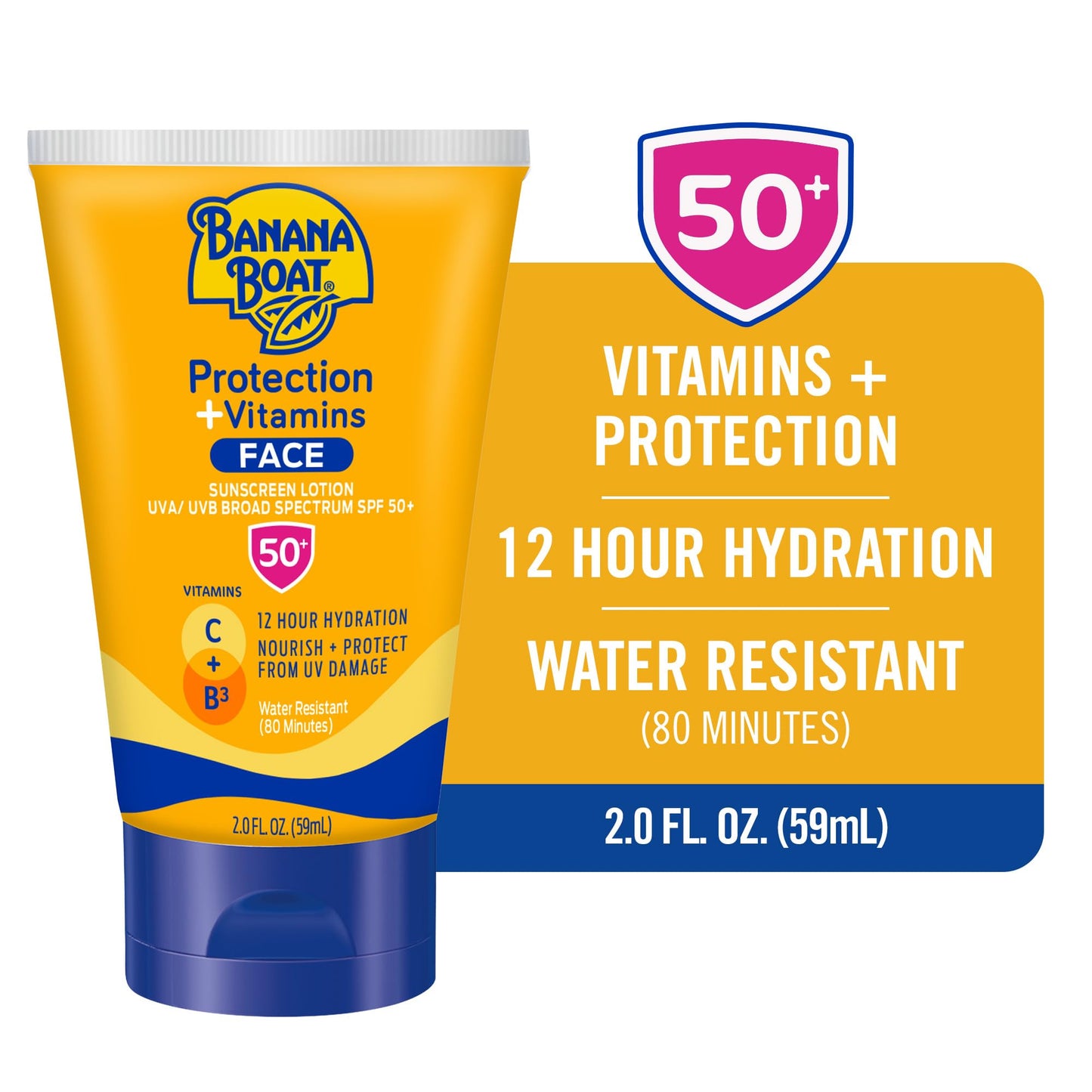 Banana Boat Protection + Vitamins Face Sunscreen Lotion SPF 50 | Travel Size Sunscreen for Face, Moisturizing with Vitamin C & Vitamin B3 Niacinamide, SPF 50 Sunblock Lotion, Fragrance Free, 2Fl Oz