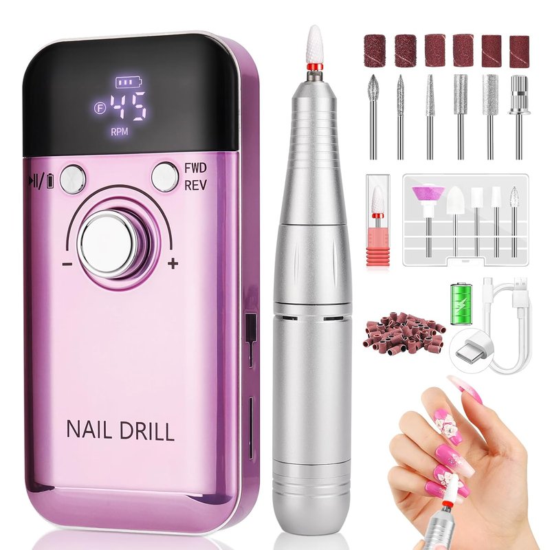 Electric Nail Drill Kit - Professional 45000RPM Rechargeable Nail File with Complete Bits for Acrylic & Gel Polishing | Portable 2000mAh Machine