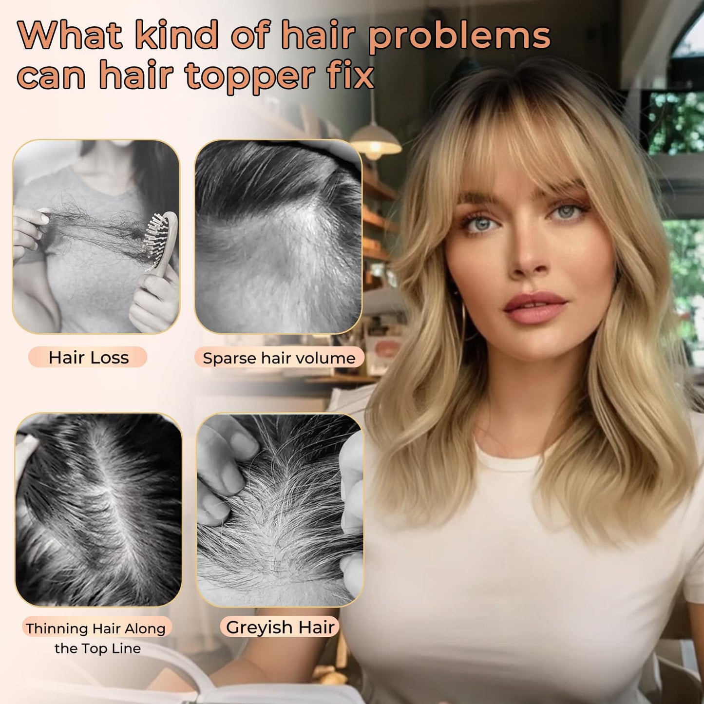 Hair Toppers for Women - 14 Inch 360° 3D Synthetic Curly Wavy Clip-In Bangs | Coffee Brown