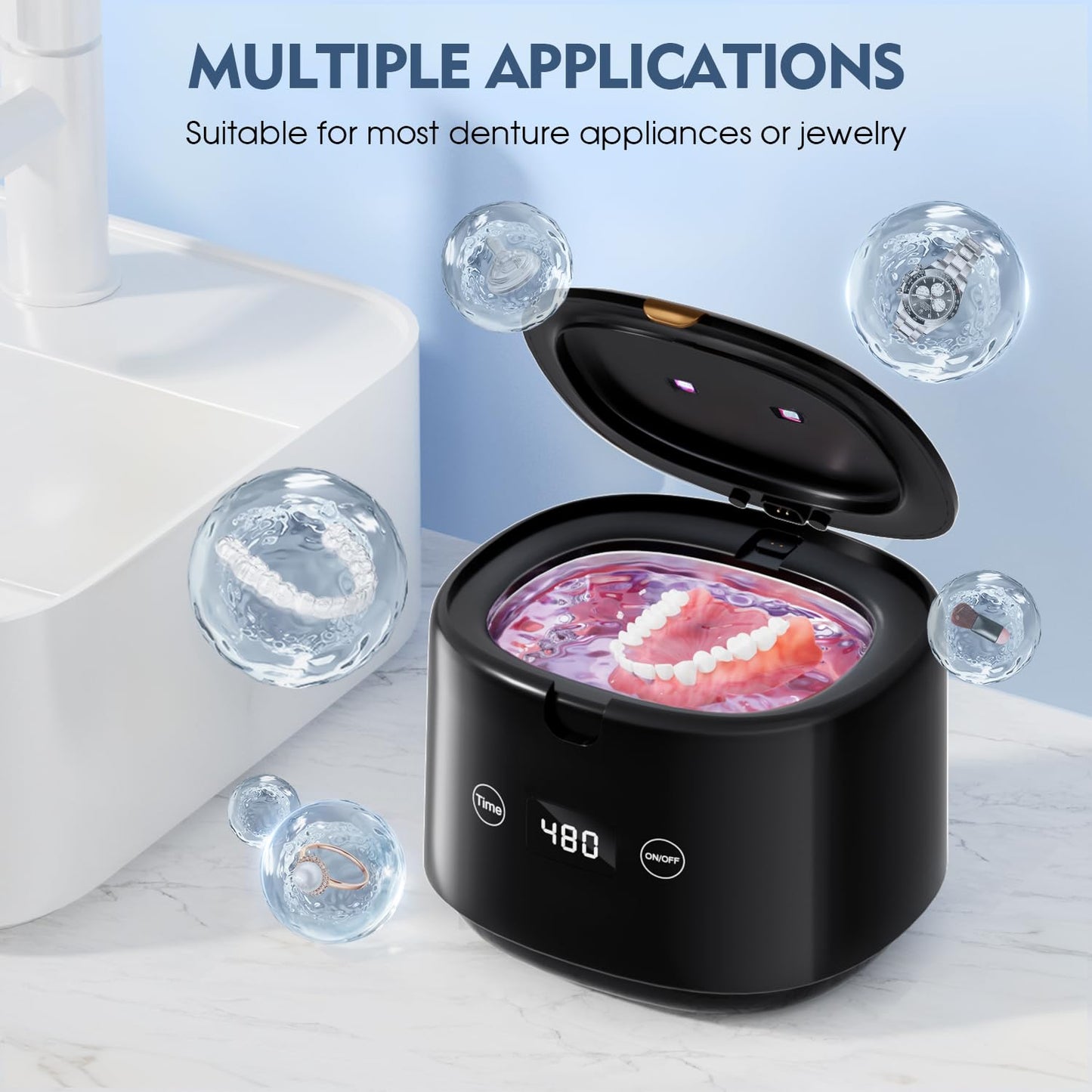 Ultrasonic Retainer Cleaner - 45kHz Sonic Dental Cleaning Machine for Dentures, Mouth Guards & Jewelry | 5 Modes, Black