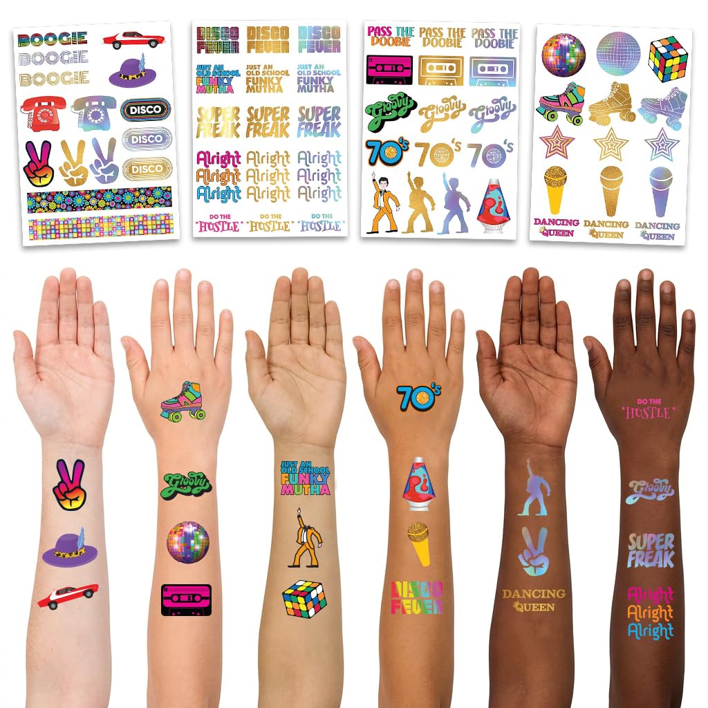 Disco Temporary Tattoo Set - 4 Sheets - 1970s Retro Disco Party Decorations, Favors and Supplies