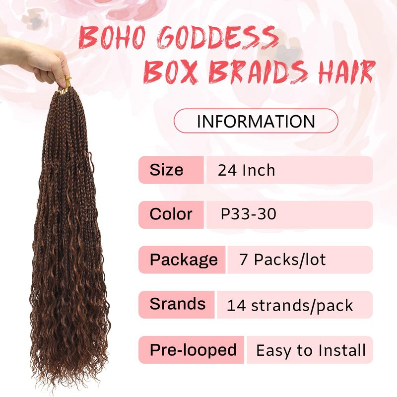 Eeanno Goddess Box Braids Crochet Hair Boho Hair for Women Pre Looped Crochet Box Braids with Curly Ends, 24 Inch, Chocolate Brown