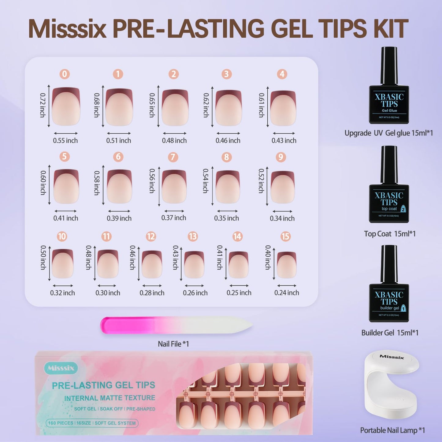 French Tip Press On Nails - 160 Pcs Short Square Gel Nail Tips | DIY Nail Art Starter Kit with 16 Sizes