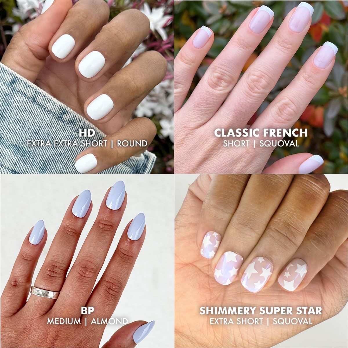 Press-On Nails Kit - 4 Realistic Fake Nail Sets | HD Crisp White, Classic French, Shimmery Super Star, BP Icy Blue - Non-Damaging Glue, Up to 14 Days Wear