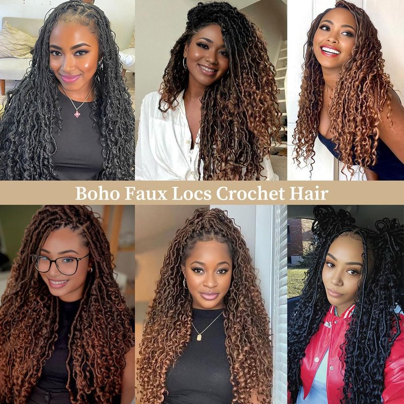 SECPOCPONY Boho Goddess Faux Locs Crochet Hair 30 Inch 8 Packs Distressed Soft Locs Pre Looped Crochet Braids with Curly Ends (80 Strands, 1B)