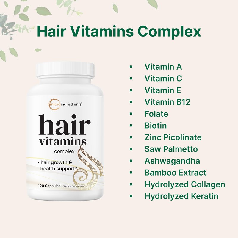 Micro Ingredients Hair Vitamins Complex, 120 Capsules | Hair Supplements for Women & Men with Hydrolyzed Collagen, Keratin, Methylfolate, Bamboo Extract, Vitamin C, Biotin, Saw Palmetto, & More